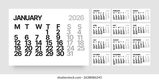 Monthly calendar layout for 2026 year. Minimalistic Diary for 2026 year. Week Starts on Monday. 