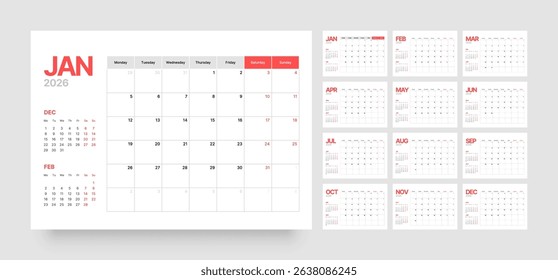 Monthly calendar layout for 2026 year. Diary planner for 2026 year. Week Starts on Monday. 