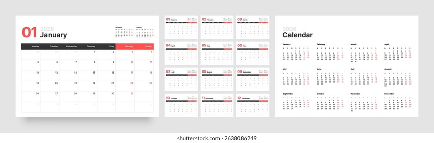 Monthly calendar layout for 2026 year. Diary planner for 2026 year. Week Starts on Monday. 