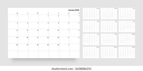 Monthly calendar layout for 2026 year. Minimalistic Diary planner for 2026 year. Week Starts on Monday. 