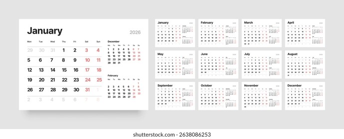 Monthly calendar layout for 2026 year. Diary planner for 2026 year. Week Starts on Monday. 