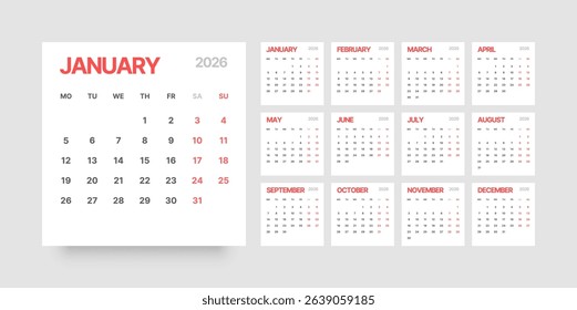 Monthly calendar layout for 2026 year. Planner Square diary for 2026 year. Week Starts on Monday. 