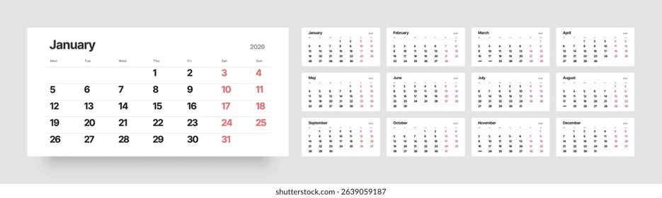 Monthly calendar layout for 2026 year. Quarterly calendar for 2026 year. Week Starts on Monday. 