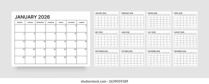 Monthly calendar layout for 2026 year. Diary planner for 2026 year. Week Starts on Monday. 