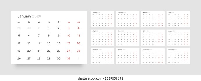 Monthly calendar layout for 2026 year. Diary planner for 2026 year. Week Starts on Monday. 