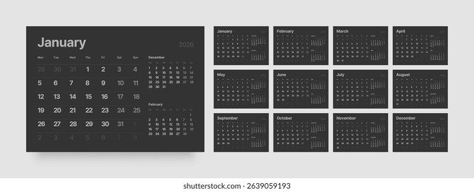 Monthly calendar layout for 2026 year. Diary planner for 2026 year in dark color. Week Starts on Monday. 
