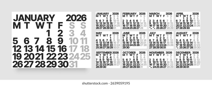 Monthly calendar layout for 2026 year. Minimalistic Diary for 2026 year. Week Starts on Monday. 