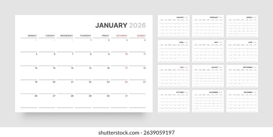 Monthly calendar layout for 2026 year. Diary planner for 2026 year. Week Starts on Monday. 