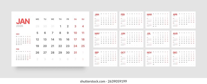 Monthly calendar layout for 2026 year. Diary planner for 2026 year. Week Starts on Monday. 