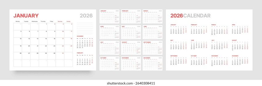 Monthly calendar layout for 2026 year. Diary planner for 2026 year. Week Starts on Monday. 