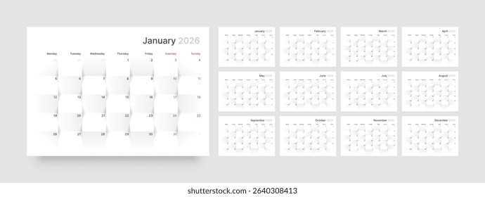 Monthly calendar layout for 2026 year. Diary planner for 2026 year. Week Starts on Monday. 