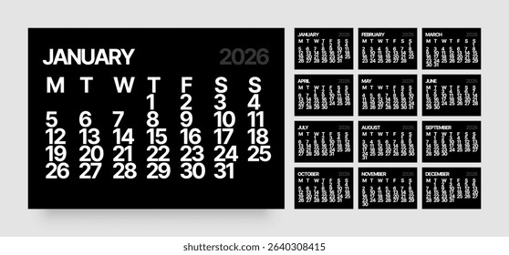 Monthly calendar layout for 2026 year. Minimalistic Diary for 2026 year in dark color. Week Starts on Monday. 