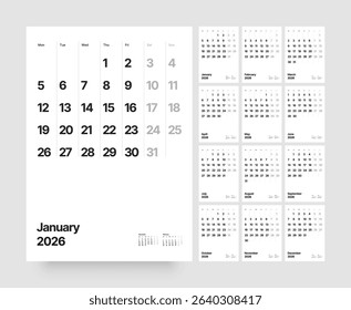 Monthly calendar layout for 2026 year. Vertical diary planner for 2026 year. Week Starts on Monday. 