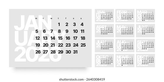 Monthly calendar layout for 2026 year. Minimalistic Diary for 2026 year. Week Starts on Monday. 
