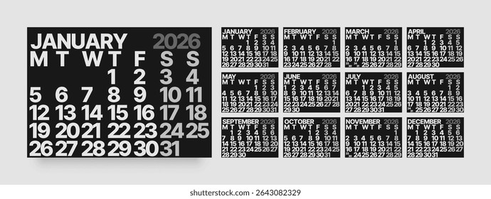 Monthly calendar layout for 2026 year. Minimalistic Diary for 2026 year in dark color. Week Starts on Monday. 