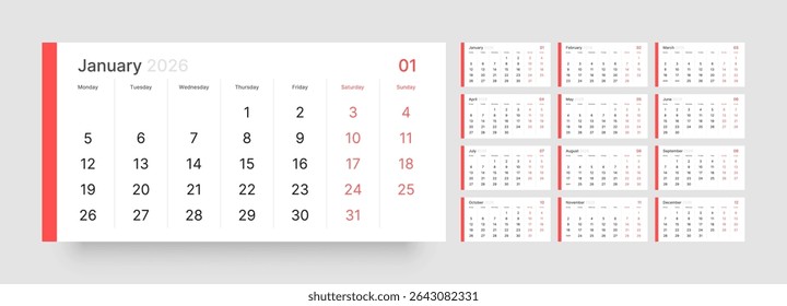 Layout do calendário mensal para o ano de 2026. Calendário trimestral para o ano de 2026. A semana começa na segunda-feira. 