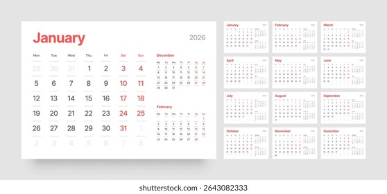 Monthly calendar layout for 2026 year. Diary planner for 2026 year. Week Starts on Monday. 