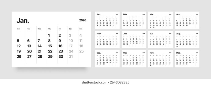 Monthly calendar layout for 2026 year. Diary planner for 2026 year. Week Starts on Monday. 
