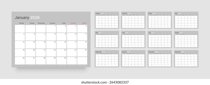 Monthly calendar layout for 2026 year. Diary planner for 2026 year. Week Starts on Monday. 