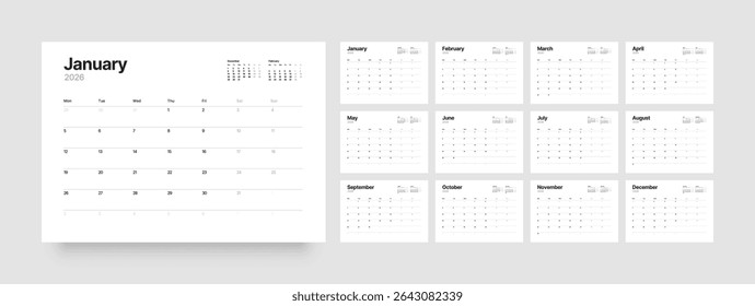 Layout do calendário mensal para o ano de 2026. Planejador de diário para 2026 ano. A semana começa na segunda-feira. 