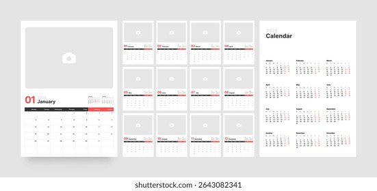 Monthly calendar layout for 2026 year. Vertical diary planner with place for photo for 2026 year. Week Starts on Monday. 