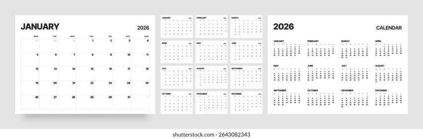 Monthly calendar layout for 2026 year. Diary planner for 2026 year. Week Starts on Monday. 
