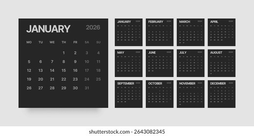 Monthly calendar layout for 2026 year. Planner Square diary for 2026 year in dark color. Week Starts on Monday. 