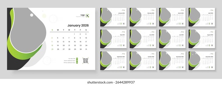 Monthly calendar layout for 2026 year. Minimalist desk calendar 2026 template. Diary planner for 2026 year. Week Starts on Sunday.
