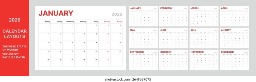 Layout do calendário mensal para o ano de 2026. Planejador de diário para 2026 ano. A semana começa na segunda-feira. Calendário de mesa horizontal imprimível modelo de 210x150 mm. Calendário simples da mesa de layout do vetor 12 meses incluído