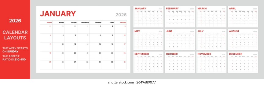 Monthly calendar layout for 2026 year. Diary planner for 2026 year. Week Starts on Sunday. Printable horizontal desk calendar 210x150 mm template. Vector layout desk simple calendar 12 months included