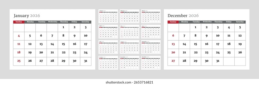 Layout do calendário mensal para o ano de 2026. Planejador de diário para 2026 ano. A semana começa no domingo. 