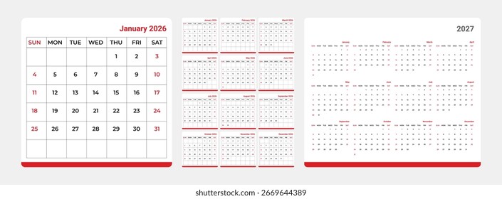 Layout do calendário mensal para o ano de 2026, Planejador de diário para o ano de 2026, A semana começa no domingo.