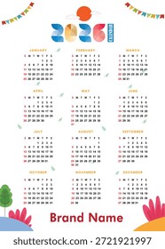 Diseño de calendario mensual para el año 2026. Diseño de calendario mensual para el año 2026.