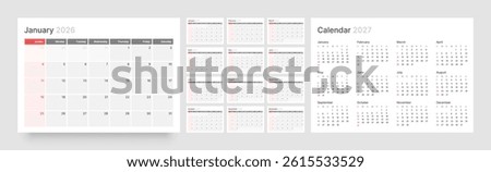 Monthly calendar layout for 2026 year. Diary planner for 2026 year. Week Starts on Sunday. 