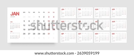Monthly calendar layout for 2026 year. Diary planner for 2026 year. Week Starts on Monday. 