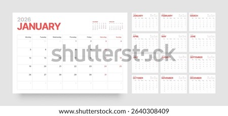 Monthly calendar layout for 2026 year. Diary planner for 2026 year. Week Starts on Monday. 