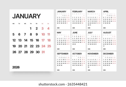 Monthly calendar layout for 2026 year.Vertical diary planner for 2026 year. Week Starts on Monday. 