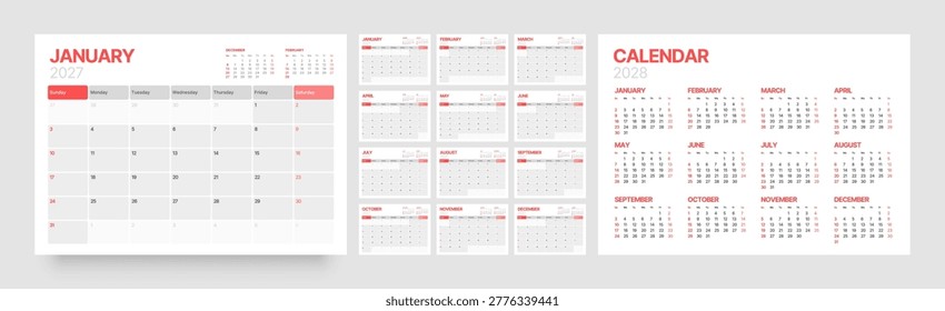Monthly calendar layout for 2027 year. Diary planner 2027. Week Starts on Sunday. 