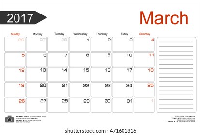 Monthly Calendar for March 2017 Year. Vector Design Print Template. Week Starts Sunday. 