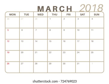 Monthly Calendar March 2018