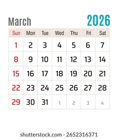 Calendário mensal, março de 2026, ilustração vetorial isolada, eps