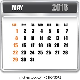 Monthly calendar for May 2016 on metallic plate, orange holidays. Can be used for business and office calendars, website design, prints etc. Vector Illustration