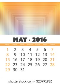 Calendario mensual: Plantilla de mayo de 2016 con fondo abstracto colorido. Ilustración vectorial.