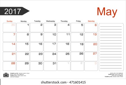 Monthly Calendar for May 2017 Year. Vector Design Print Template. Week Starts Sunday. 