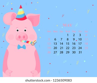 Monthly calendar for May 2019 from Sunday to Saturday. Cute pig in a striped party hats and horn blowers. Funny piggy. The symbol of the Chinese New Year
