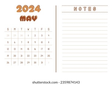 Monthly Calendar May 2024 with Side Notes