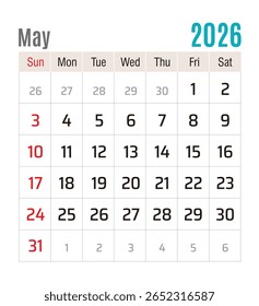 Calendário mensal, maio de 2026, ilustração vetorial isolada, eps