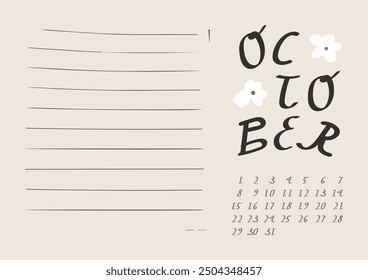 Monthly calendar in naive art. Calendar design for the month of October. Simple monthly cute calendar planner minimal style. I have all the other months in my portfolio. Empty space for notes.