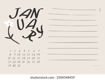 Monthly calendar in naive art. Calendar design for the month of January. Simple monthly cute calendar planner minimal style. I have all the other months in my portfolio. Empty space for notes.