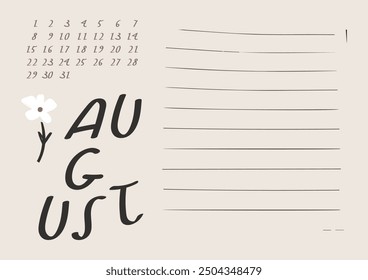 Monthly calendar in naive art. Calendar design for the month of August. Simple monthly cute calendar planner minimal style. I have all the other months in my portfolio. Empty space for notes.